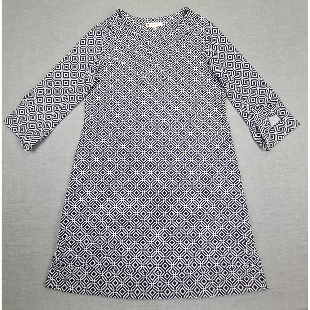 Jude Connally Navy White Geometric Link V-Neck 3/4 Sleeve Shift Dress XL USA